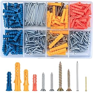 360 Pcs Drywall Wall Anchors and Screws and Nails Kits, Chipboard Wall Fish Type Wall Plugs, Plasterboard Mount Flat Head Self Tapping Fixings Wood Plugs and Screws and Nails