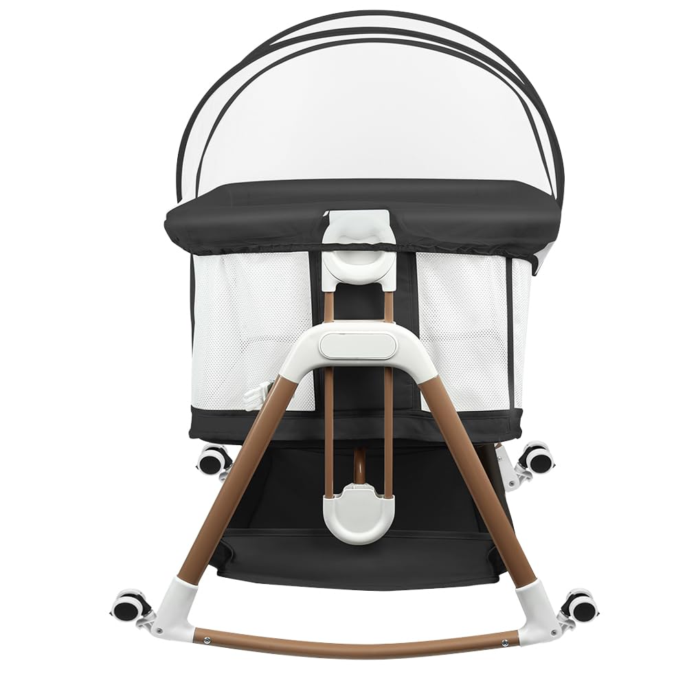 HUOLE Baby Beistellbett Höhenverstellbar, Babybett mit Matratze & Rollen, Tragbares Reisebett für Baby 0-6 Monate, Stubenwagen mit Aufbewahrungskorb, 90 x 60 x 90–115 cm – Schwarz + Gold