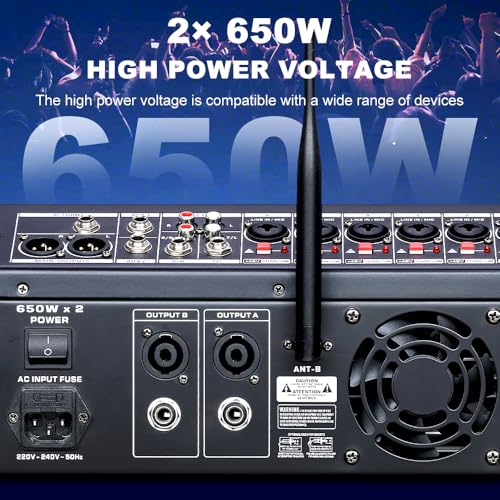 Image of BOMGE PD-8MIC Professional 650w Powered Mixer, 8 Channel Sound Mixer With Dual Wireless Mic, USB, 256-Bit Effects, Bluetooth,48V for Live Bands and DJs