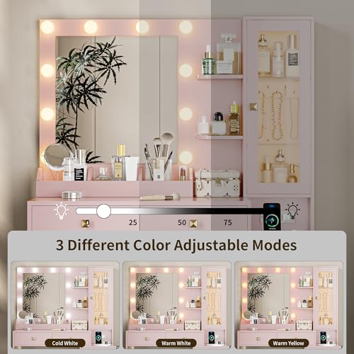 Image of Vanity Desk with Mirror and Lights, Pink Makeup Vanity with 5 Drawers Hidden Jewelry Organizer& LED Glass Cabinet,3 Light Mode and Brightness Adjusted,Vanity Mirror with Lights Desk and Chair