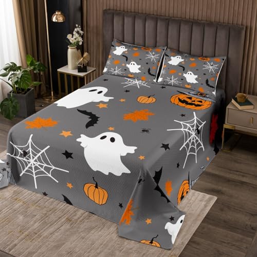 Bats Halloween Decoration Pumpkin Quilt Set Witch Hat Bedspread Set Spider Web Coverlet Set Twin,Toddler Bedding Set for Kids Women,Cartoon Ghost Spooky Spider Webs Halloween Decorations Indoor