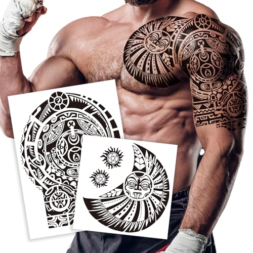 2-Sheet Large Tribal Tattoos - Waterproof Chest & Arm Body Art Temporary Tattoos for Men & Women - Fake Tattoo Stickers