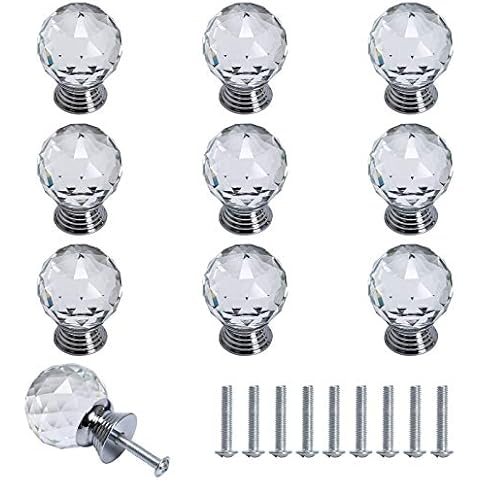unknow OUBTDK 10Pcs Round Crystal Knob Crystal Glass Door Drawer Knobs 30mm Round Glass Furniture Knob Crystal Cupboard Pull with 10 Screws for Cabinet Drawer Door Kitchen Cupboard Home Decorating Cover