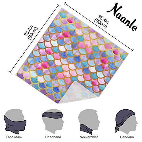 Naanle Mermaid Scale Scarf Large Square Satin Silk Like Scarves, Watercolor Mermaid Shawl Wraps Hair Sleep Headscarf for Women Lightweight 35"4