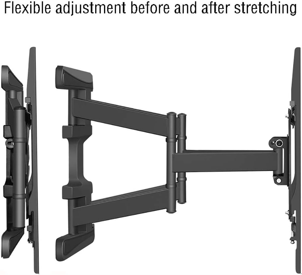 వైపు view of the TV mount showing its flexible adjustment before and after stretching, illustrating the extension mechanism.