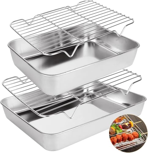 Oungy 4 PCS Roasting Tray with Rack 2In Depth Stainless Steel Roasting Tin Tray with Cooling Wire Rack 9&12 Inch Non Stick Cooking Oven Grill Pan Tray with Rack - Dishwasher Safe