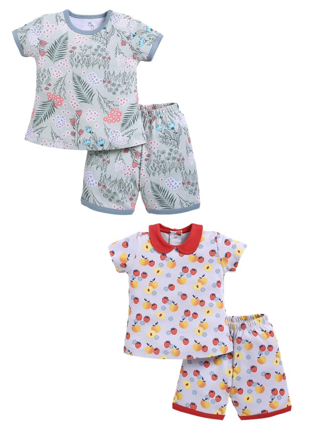 Image of Baby Girls 100% Cotton Printed Half Sleeve T-shirt & Short Summer Clothing Sets (Pack Of 2)