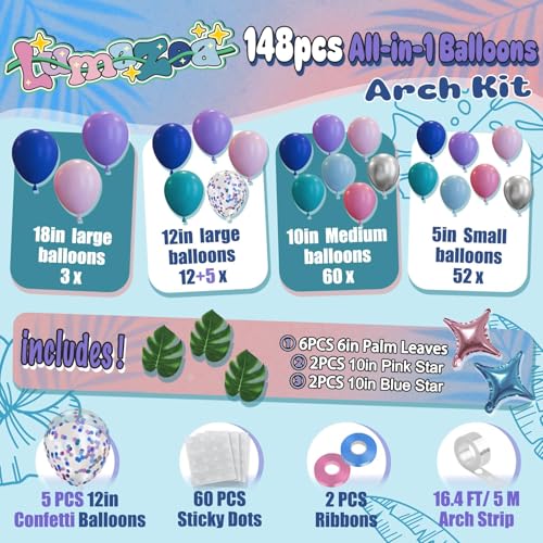 Image of 148pcs Stich Blue Purple Pink Balloon Arch Garland Kit Silver with Palm Leaves Foil Star for Hawaii Tropical Cartoon Summer Pool Theme Party Gender Reveal Decorations (Pack of 2)