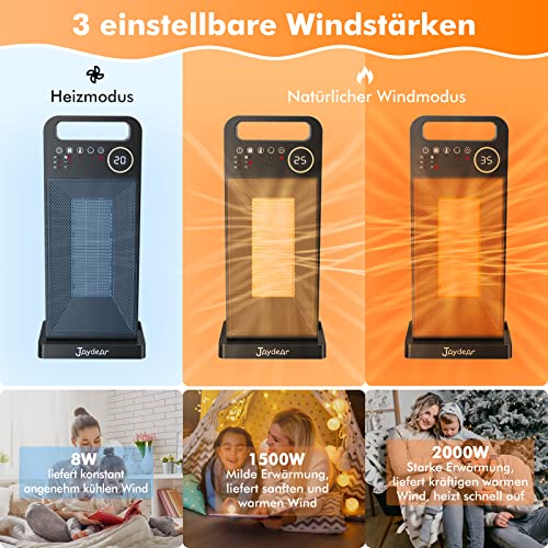 Keramische Ventilatorkachel met Timer, Elektrische verwarming met thermostaat voor thuis 2000W met Afstandsbediening, Draagbare Ruimteverwarmer met oververhitting bescherming voor Kantoor, Slaapkamer - Afbeelding 5