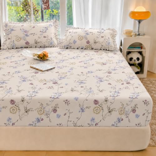 Image of VOMZER EVERLUSH King Size (60x78) 300 TC Soft Cotton Feel Microfiber All Around Elastic Fitted Double Queen Bedsheet with 2 Frill Pillow Covers | Vintage Floral