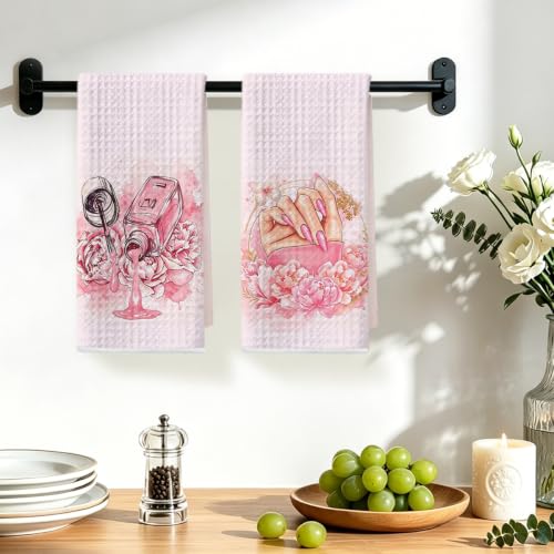 Image of Hanamiya Na 2 Pcs Pink Hand Towels, Nail Polish Decor Reusable Dish Towels