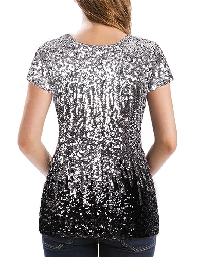 MANER Women’s Full Sequin Tops Glitter Party Shirt Short Sleeve Sparkle Blouses S-4X3
