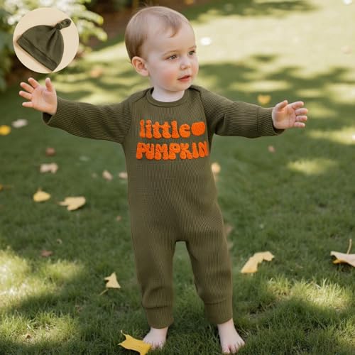 Newborn Infant Baby Boy Halloween Outfit Little Pumpkin Embroidery Romper Waffle Knit Long Sleeve Jumpsuit with Hat3
