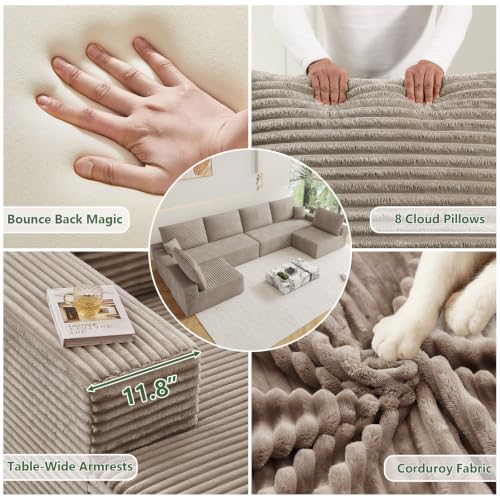 Image of Oversized Modular Sectional Sofa Couch, Large 6 Seater Corner Sofa Modern U Shaped Sectional Couch Cloud Couches for Living Room, Office, Spacious Space, Corduroy, No Assembly Required, Camel
