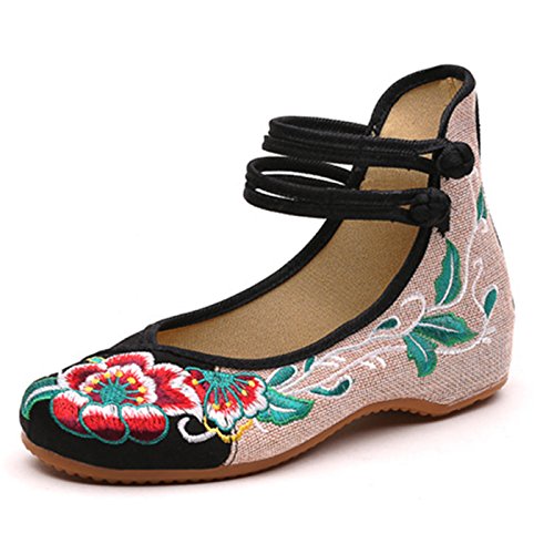 Qianmome Womens Fashion Hibiscus Embroidery Canvas Shoes Folk Style Rubber Sole Bride Mary Janes Flats