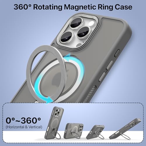 Image of eller sante Maximus Back Cover Case for iPhone 16 Pro Max with Magnetic Alloy Ring Metal Kickstand Camera Protector TPU Shockproof 10ft Drop Protection Compatible with Mag-Safe- Grey