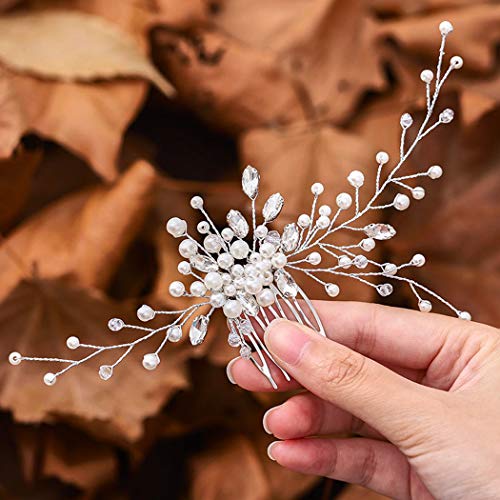 Heread Pearl Bride Wedding Hair Comb Silver Crystal Bridal Hair Piece Rhinestones Hair Accessories for Women and Girls