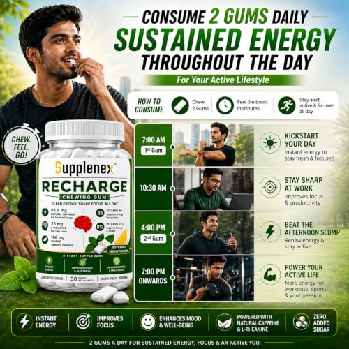 Image of Caffeine Energy Gum with L-Theanine and Taurine for Focus, Memory & Alertness | Zero Added Sugar Chewing Gum | Mint Flavor | 30 Gums