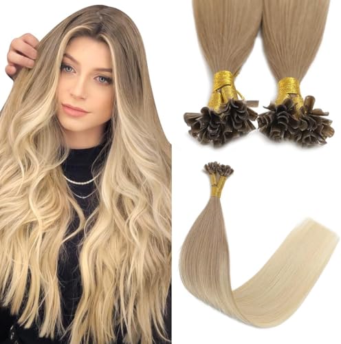 Sindra Extension Cheveux Naturel Keratine #860 Cendré Clair Brun S’estompant à Blond Platine 50CM 50 Mèche 50g Extension Cheveux Naturel Keratine Balayage...