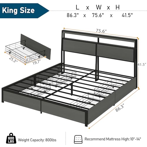 Image of SADENICEL King Bed Frame with Storage Headboard and 4 Drawers, Metal Platform Bed Frame with LED Light, Charging Station, No Box Spring Needed, Noise Free, Easy Assembly, Rustic Grey