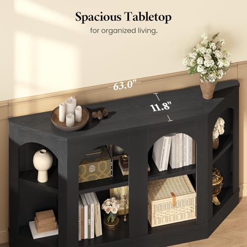 Image of 63 inch Long Console Table, Black Entryway Table with Shelves, Farmhouse Arched Console Table, Sofa Table for Living Room, Entryway, Black