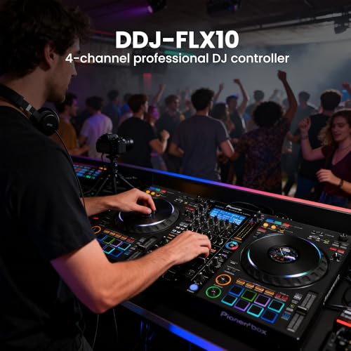 Image of Pioneer DJ DDJ-FLX10 4-Channel Professional DJ Controller - Black Bundle with Laptop Stand, Headphones, and Austin Bazaar Polishing Cloth