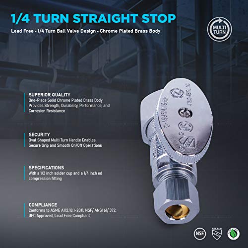 Image of Midline Valve 82358QS-OM-5 Water Supply Stop Valve with Quarter Turn Wheel; One Piece Design; Straight Shut-off for Toilet, Sink, Dishwasher; 5 /8 in. COMP x 3 /8 in. COMP; Chrome Plated Brass (5 Pack)