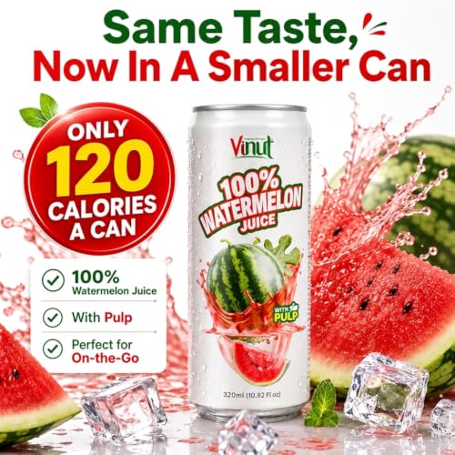 Image of VINUT 100% Watermelon Juice with Pulp, Hydrating Electrolyte Drink, No Added Sugar, Not From Concentrate, Gluten Free & Non-GMO Drink, 100% Vegan /Plant-Based, 10.82 fl oz Cans (Pack of 24)