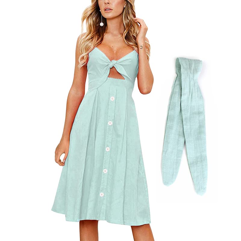 Image of FANCYINN Womens Tie Front Button Down A-Line Dresses Summer Spaghetti Strap Midi Dress Floral Prints