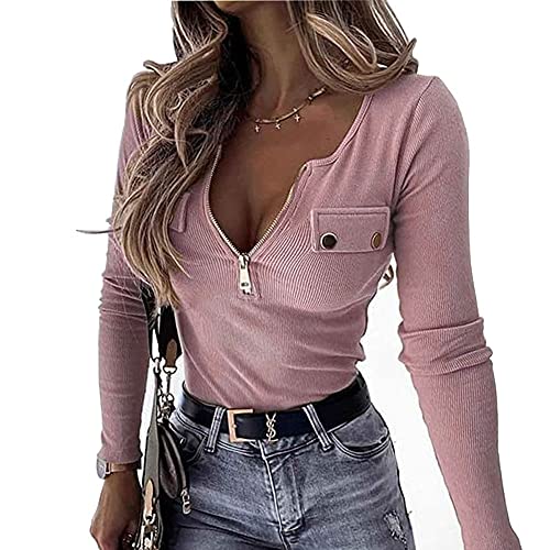 OUFEIYA Womens Long Sleeve Henley T Shirts Button Down Slim Fit Zipper Tops Scoop Neck Ribbed Knit Shirts2