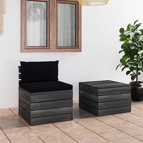 Mokuyary Juego de 2 sofás de jardín de palés con cojines de madera de pino, muebles de exterior, muebles de terraza, salón de jardín, para terraza, balcón, jardín -C