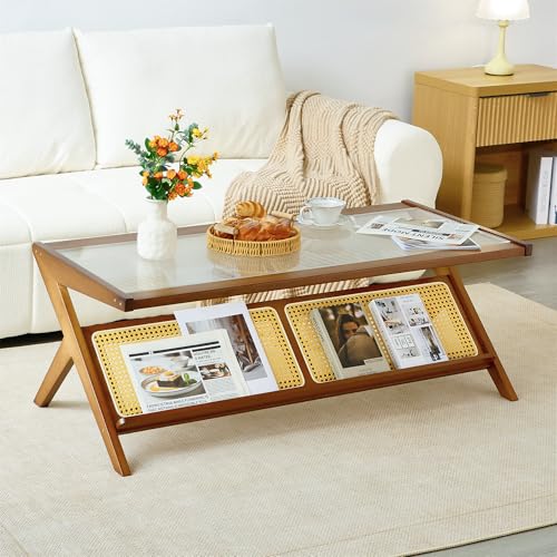 Bamboo Coffee Table, Accent Rattan Coffee Table with Glass Top, Mid-Century Wooden Center Tables, Modern Sofa Side Tea Tables with Storage for Living Room, Walnut