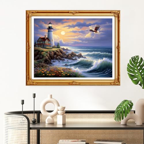 Image of Redxing Stamped Cross Stitch Kits Full Range of Embroidery Starter Kits- Needlepoint Counted Cross Stitch Kits for Beginner Adults 11CT Printed Embroidery Kit-Seaside Lighthouse 16x20 inch