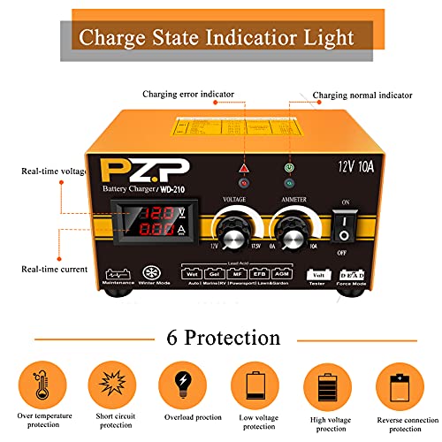 Pz.p 12 Volt Battery Charger 10A Manual Battery Charger 12V Automobile Car Battery Trickle Charger Auto Deep Cycle Agm Smart Battery Maintainer Adjustable For Boat Motorcycle Atv #TOP7