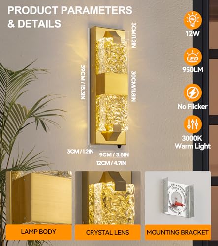 Image of 15.3 inch Dusk to Dawn Outdoor Wall Light 12W LED Gold 1-Pack | IP65 Waterproof, Ripple Crystal, Hardwired Modern Exterior Sconce, Auto On /Off, for Porch Patio Hallway Entryway House
