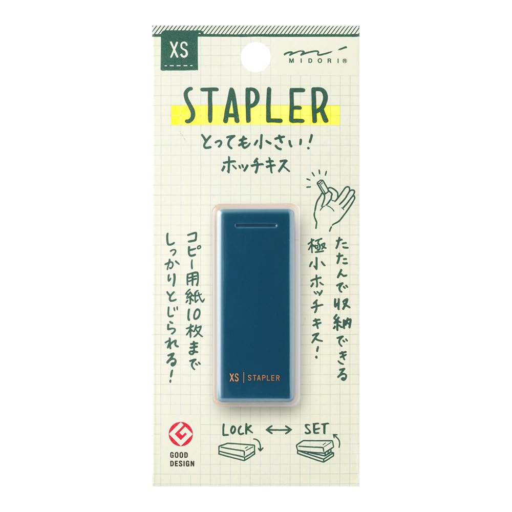 Midori XS Compact Stapler Navy Blue Foldable Pocket Size With Remover