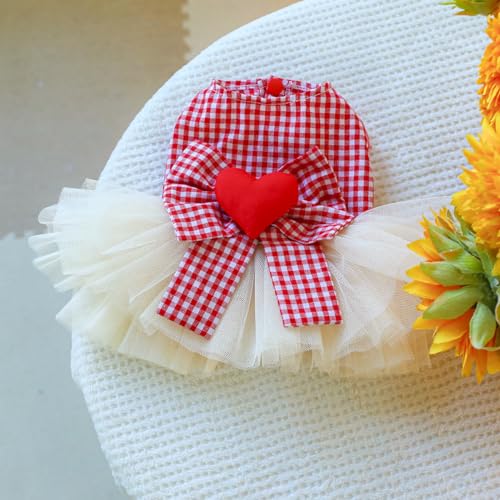 Image of HDKUW Small Dog Dress, Girl Puppy Lace Princess Skirt Tutu Dress with Bowknot,Chihuahua Yorkie Clothes Outfit for Birthday Wedding Party Red Heart XL