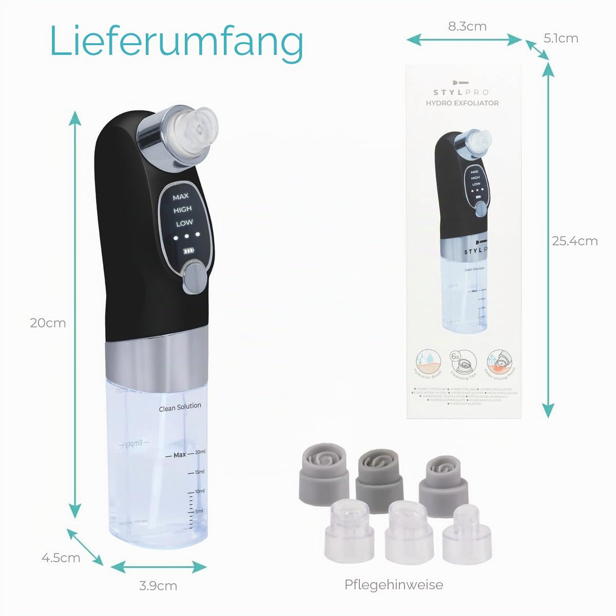 STYLPRO HYDRO EXFOLIATOR – Kabelloser, wiederaufladbarer Porenreiniger mit Vakuum. Entfernt abgestorbene Haut, klärt Poren, spendet Feuchtigkeit und beseitigt überschüssiges Öl