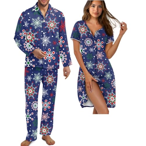Snowflake Pajamas Matching Christmas Pajamas for Couples Pjs Comfy Pjs Button Down Sleepwear 2 Piece Long Sleeve Lounge Set Soft Nightwear with Pockets