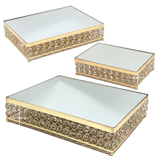 Image of Allgala Wedding Cake Stands 3-Piece Set Crystal Gold Plated Cheese Dessert Cupcake Cake Stand with Mirror Plate-Gold Rectangle-HD89203