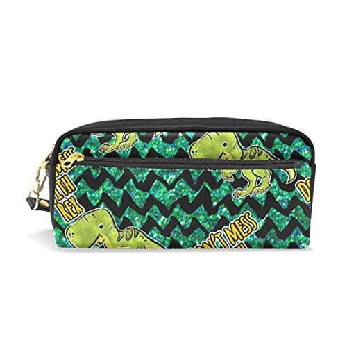 Preisvergleich Produktbild Ahdyr Bleistiftetui Niedliche Dinasaurs Green Glitter Paillettenstreifen PU Ledertasche Reißverschluss Rechteckig Großer Stiftbeutel Beutel Walle Makeup Kosmetiktasche von Studenten oder Frauen