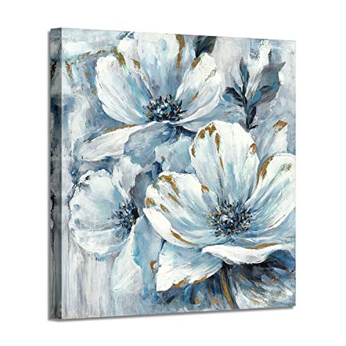 ARTISTIC PATH Abstract Floral Wall Art Picture: White & Blue Lily Painting with Blooming Petals Artwork on Canvas for Bedroom (24