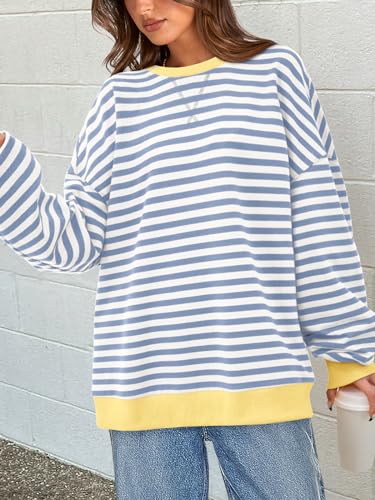 Image of PRETTYGARDEN Womens Striped Oversized Sweatshirt Color Block Crew Neck Long Sleeve Casual Loose Pullover Top Y2K Clothes