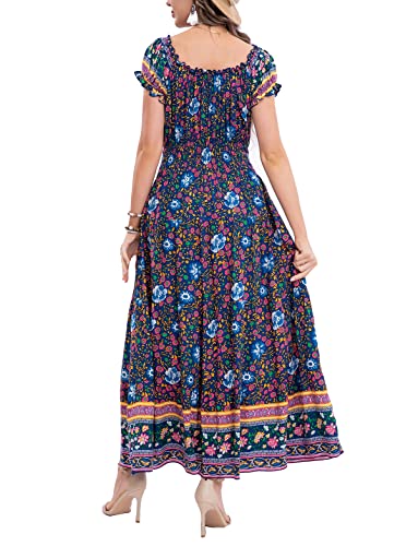Image of OSTOO Women's Floral Maxi Dress Boho Summer Short Sleeve Smocked Waist Tiered Long Dress