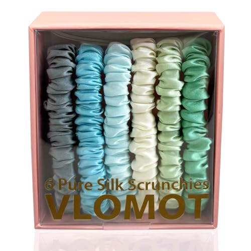 Image of VLOMOT 6 Pcs Set 100% Pure Mulberry Silk Scrunchies Hair Ties with 6 Chic Colors Everyday Skinny Scrunchies Silk Ponytail Holders Hair Care No Damage (Mint)