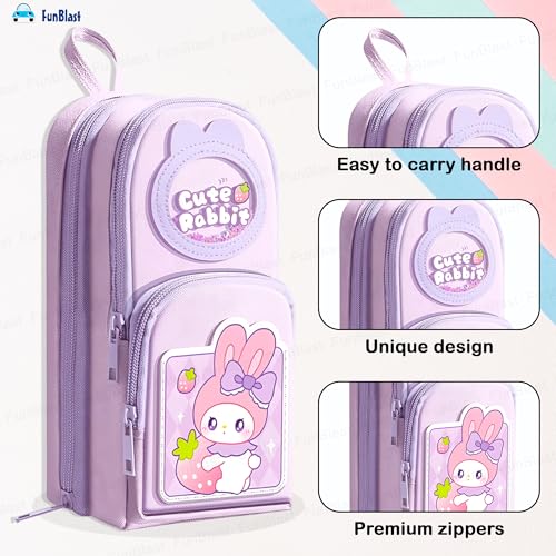 Image of FunBlast Pencil Pouch for Kids, Girls - Cute Rabbit Design, Large Capacity Multipurpose Stationery Zipper Pouch for Kids & Adults, Kawaii Aesthetic Pencil Case Organizer (Multicolor)