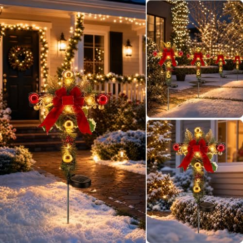 Cross-shaped Solar Lights Outdoor with Bow, Solar Christmas Garden Lights - image 3