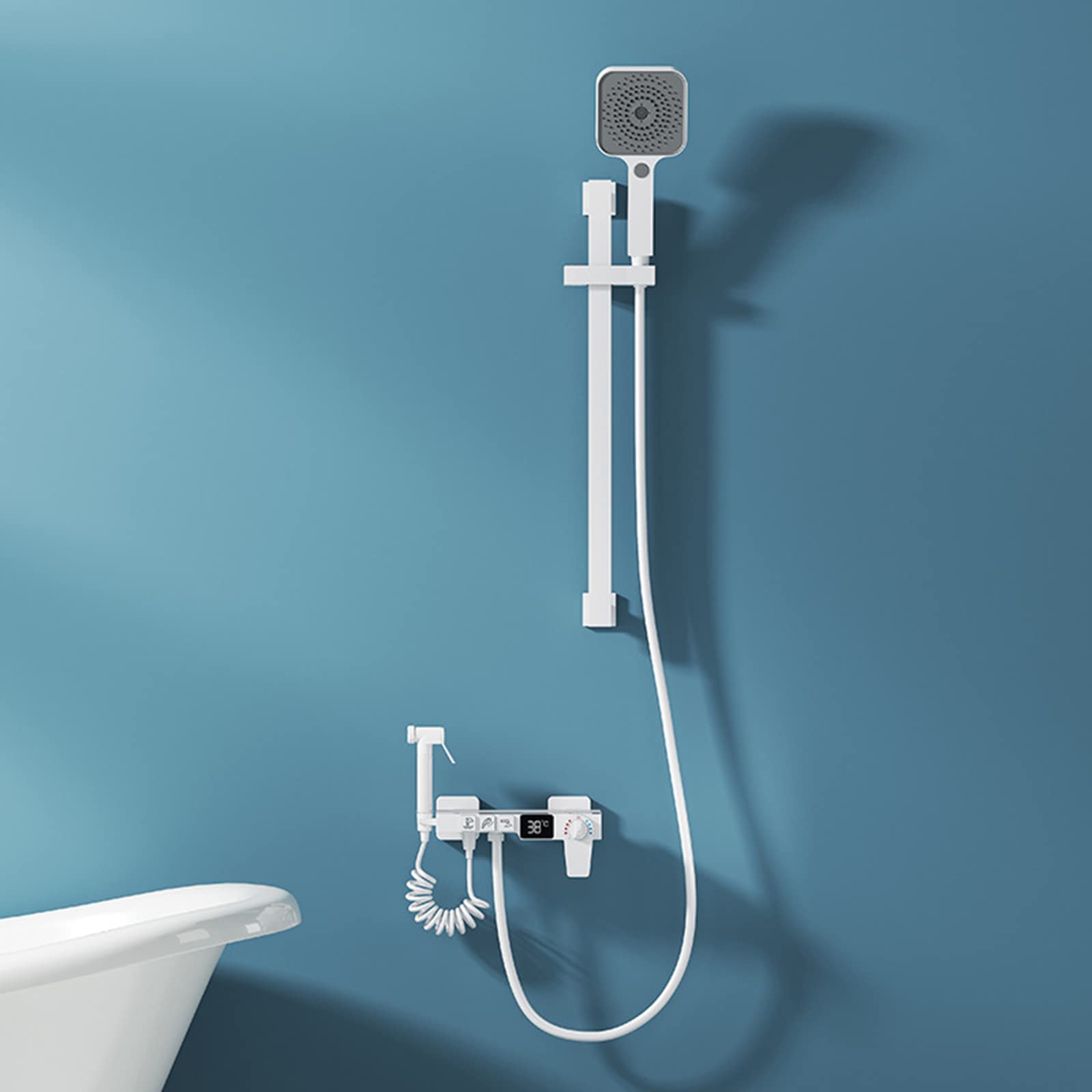 ZYCHSJXA Shower Faucet SetWaterfall Bathtub Thermostatic Digital Display Tub Filler with Spray Gun Brass 3 Mode Handheld Wall Mount Liftable Rod,White