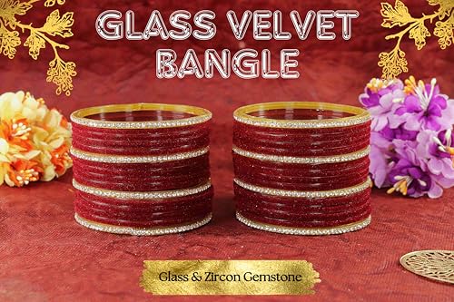 Image of NMII Fancy Glass Golden Zircon Diamond Stone & Velvet Finish Plain Bangles Set For Women & Girls | Glass Velvet Bangles | Kanch ki Chudiyan | Girl's Bangles Bracelet | Fashion Jewellery- Set of 32