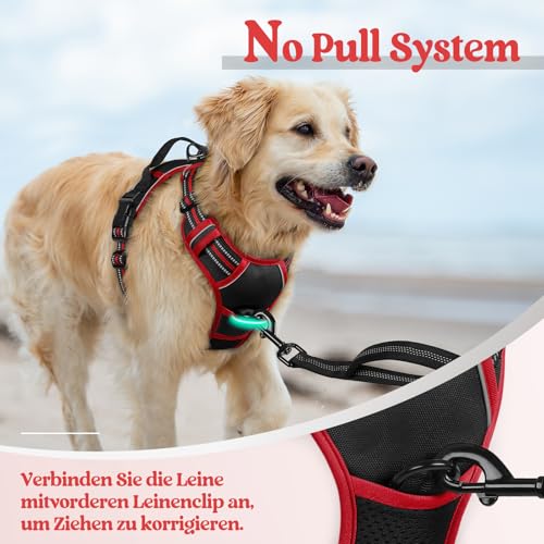 rabbitgoo Hundegeschirr Mittelgroße Hunde, Anti Zug Geschirr mit Kontrolle, No Pull Verstellbar Hundegeschirr Grosse Hunde, Atmungsaktiv Reflexstreifen Brustgeschirr Sichere Führung Schwarz+Rot L